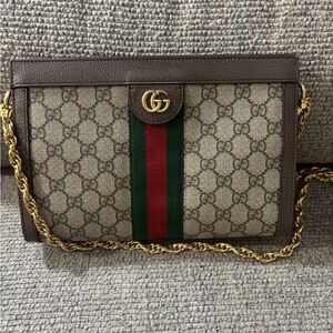 Gucci Beige and Brown Crossbody Bag with Gold Chain